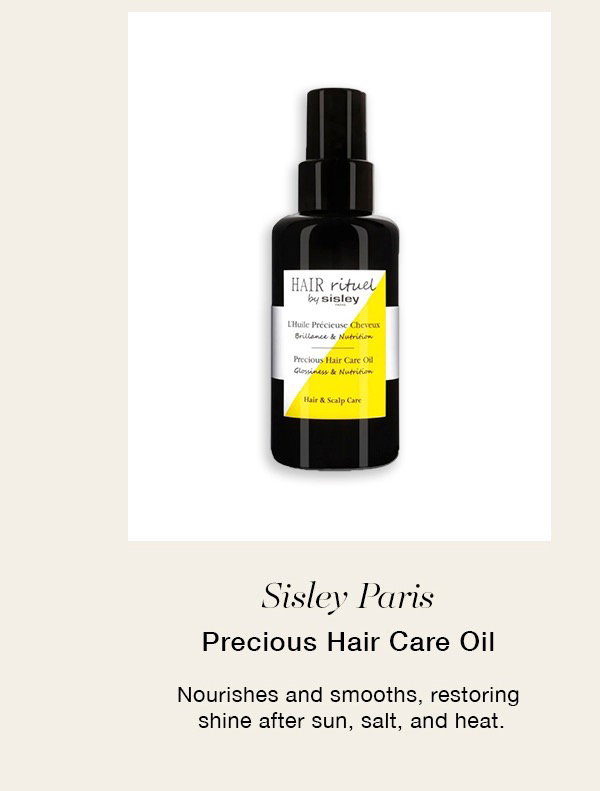 Sisley Paris Precious Hair Care Oil Nourishes and smooths, restoring shine after sun, salt, and heat.