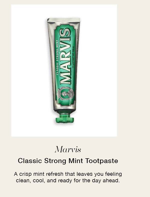 Marvis Classic Strong Mint Tootpaste A crisp mint refresh that leaves you feeling clean, cool, and ready for the day ahead.
