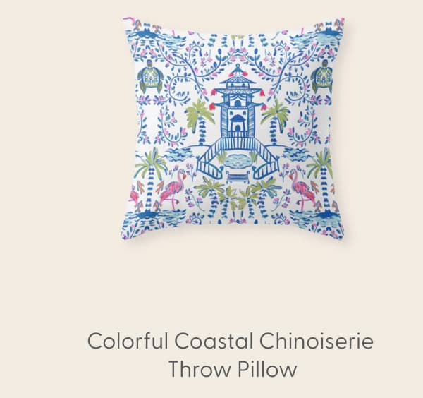 Colorful Coastal Chinoiserie Throw Pillow