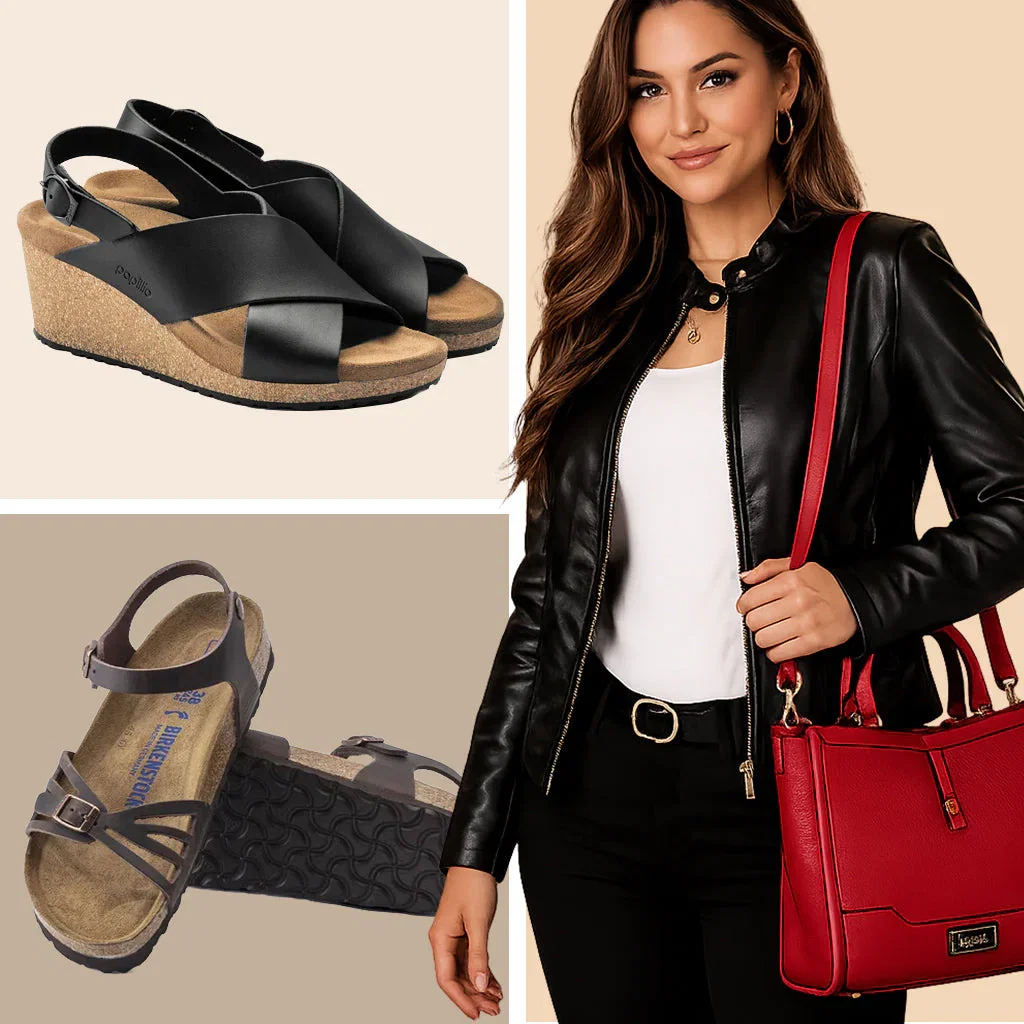 Women's Leather Picks collection featuring black leather sandals, strappy shoes, and a red leather handbag styled with a black jacket.