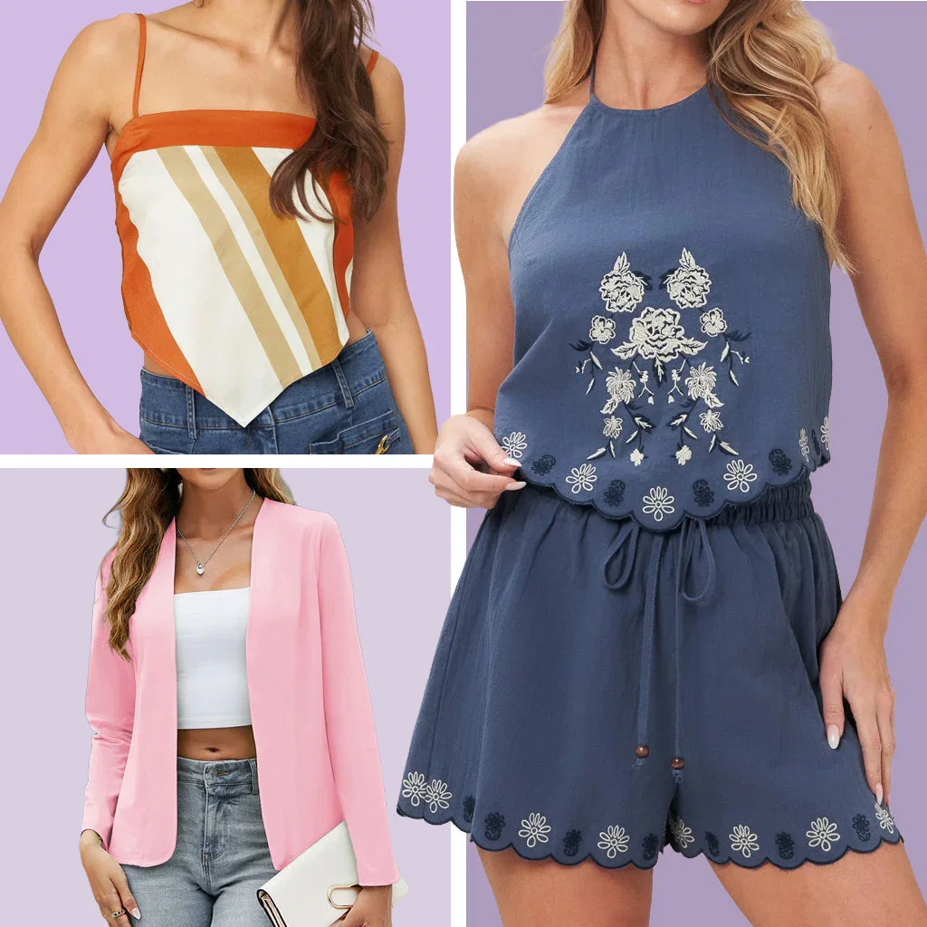 Lightweight Layers collection: striped tank top, embroidered dress, and pink blazer on purple background.