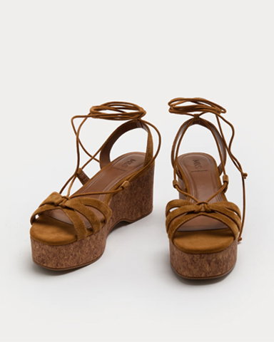 Suede Ankle Tie Wedge Flatform Sandals in Tan