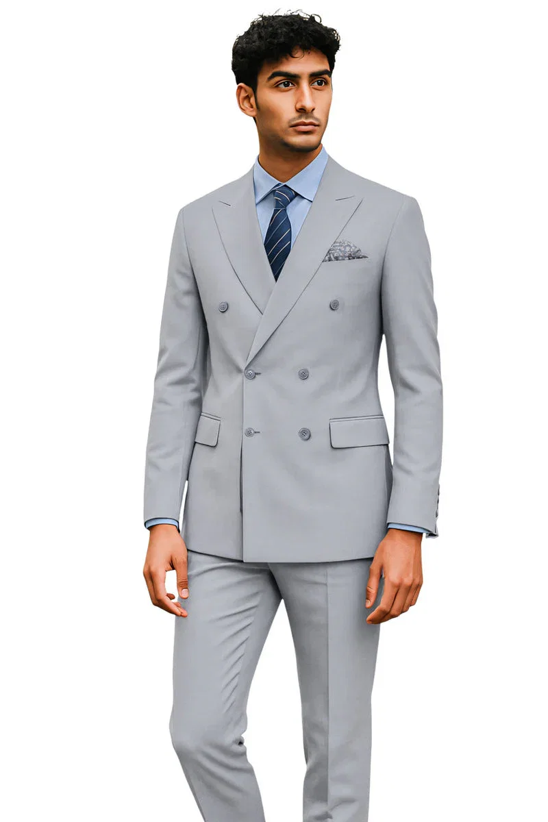 Men's Tailored Fit Double Breasted Suit in Light Grey
