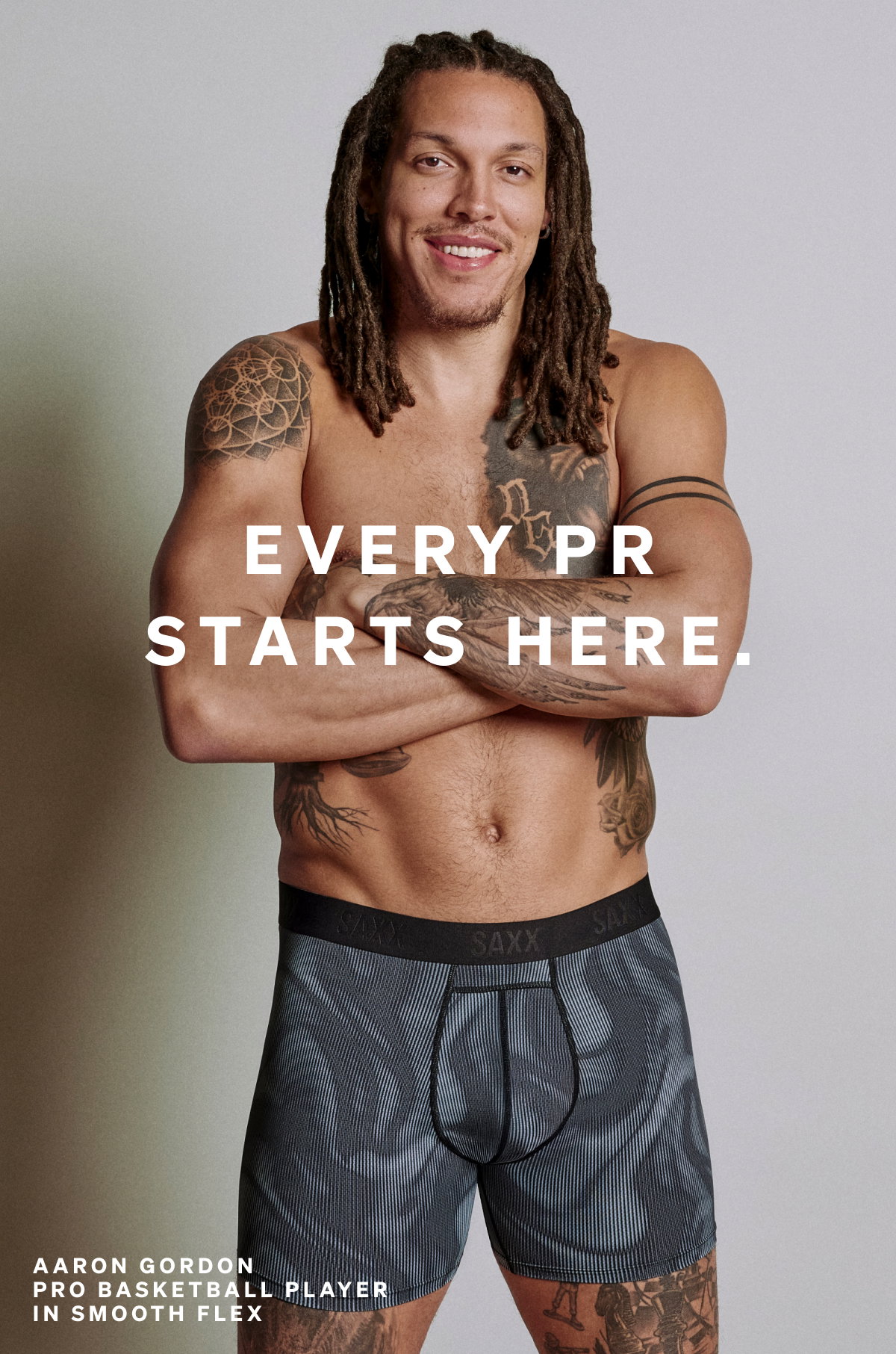 Pro Basketball player Aaron Gordon wearing SAXX Smooth Flex boxer brief with “Every PR Starts Here” text overlay.