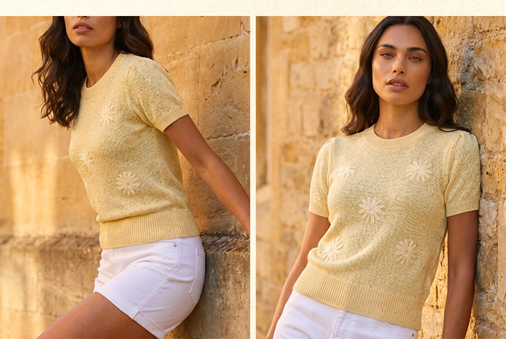 Lemon Daisy Sparkly Embroidered Knit Top