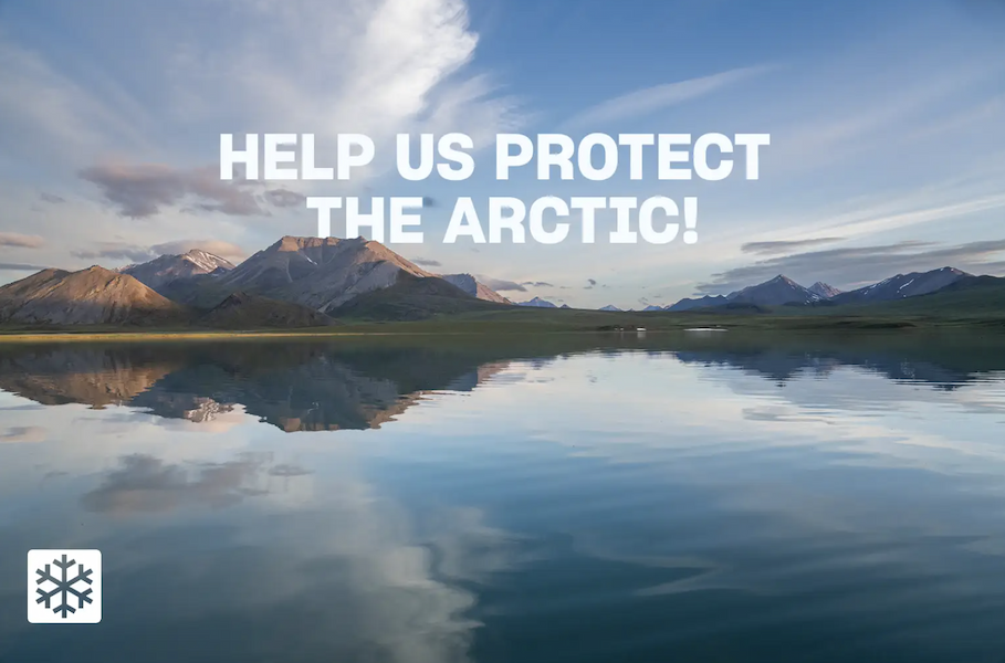 'Help Us Protect The Artic!' text overlay on image of lake