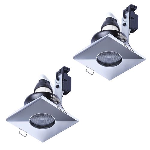 2 Pack of IP65 Rated GU10 Fixed Position Square Downlighters - Chrome