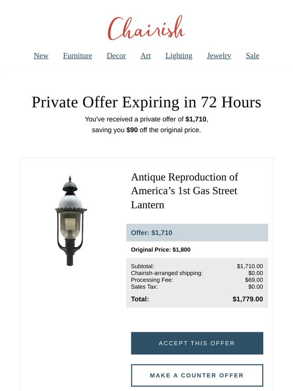 You have a private offer from a seller on Antique Reproduction of America’s 1st Gas Street Lantern