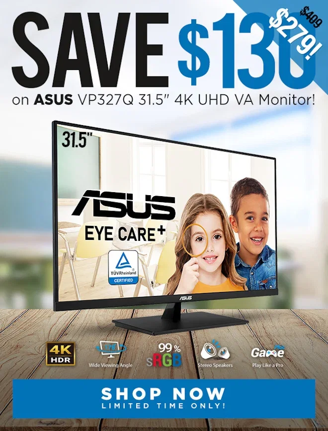 SAVE ASUS VP327Q 31.5" 4K UHD VA Monitor!