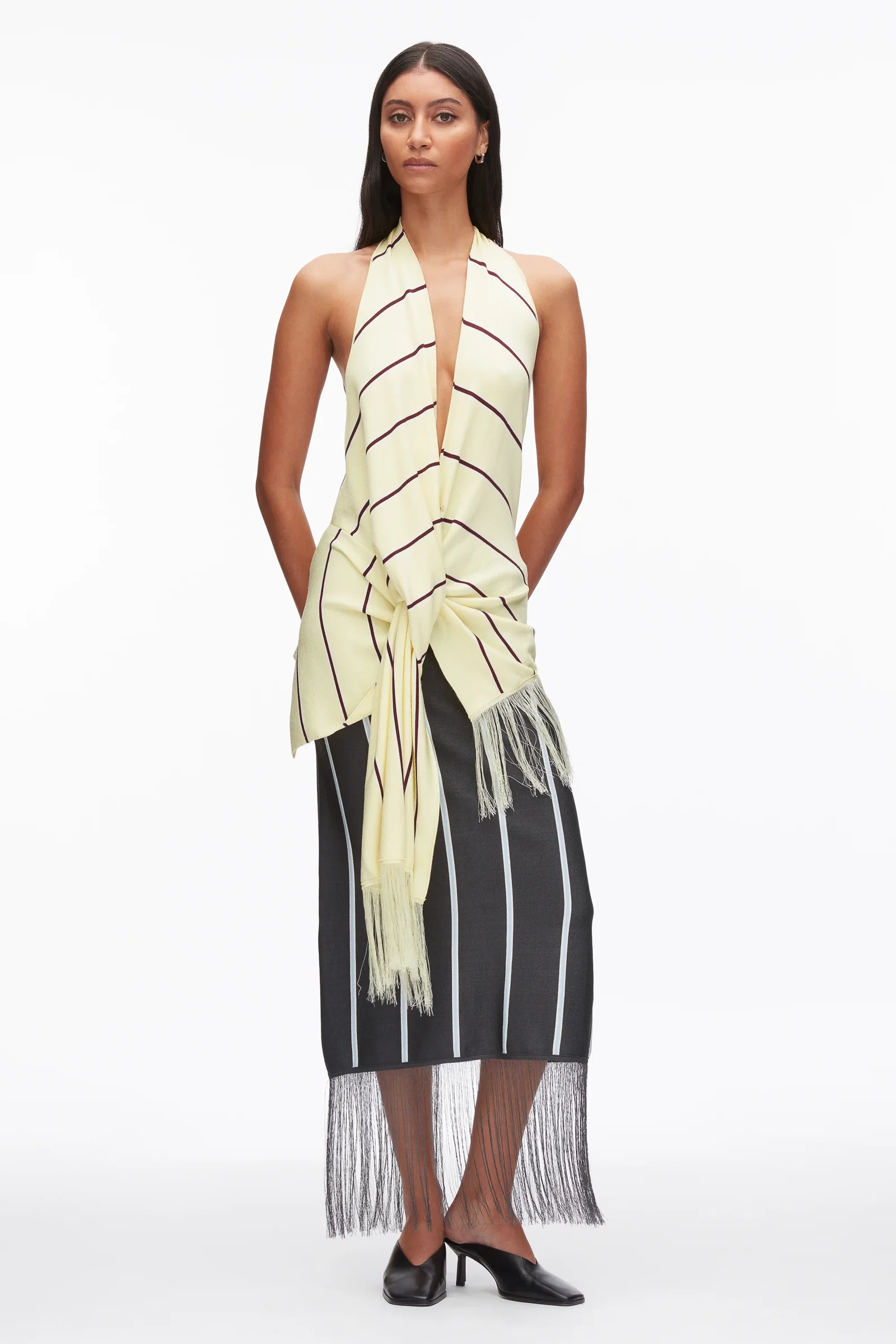 Image of Draped Stripe Halter Top with Fringe