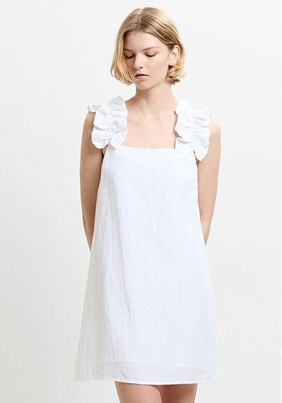 Birdie Linen Blend Ruffle Straps White Mini Dress