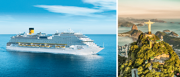 Bild-Collage: Außenansicht Costa Diadema sowie Rio de Janeiro mit Christusstatue und Zuckerhut.