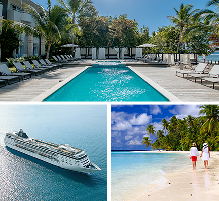 Bild-Collage: Poolbereich des Badehotels, Außenansicht MSC Opera sowie Paar läuft an einem Strand mit Palmen und türkisfarbenem Wasser.