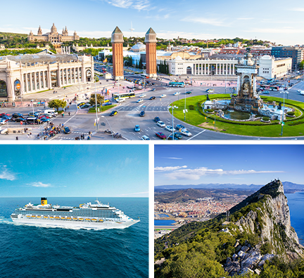 Bild-Collage: Panoramablick auf den Plaça d’Espanya in Barcelona mit den zwei venezianischen Türmen, dem Palau Nacional im Hintergrund und regem Verkehr, Außenansicht Costa Fascinosa sowie Affenfelsen von Gibraltar.