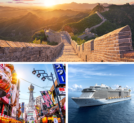 Bild-Collage: Große Mauer, buntes Treiben in Osaka sowie Außenansicht Spectrum of the Seas.