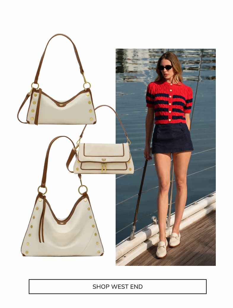 Shop west end. Model in nautical outfit with three west end bags shown that match.