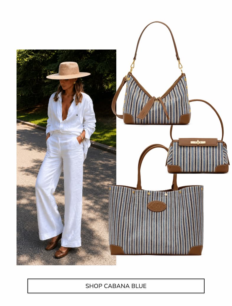 Shop cabana blue. Model in white and 3 bags show in cabana blue.