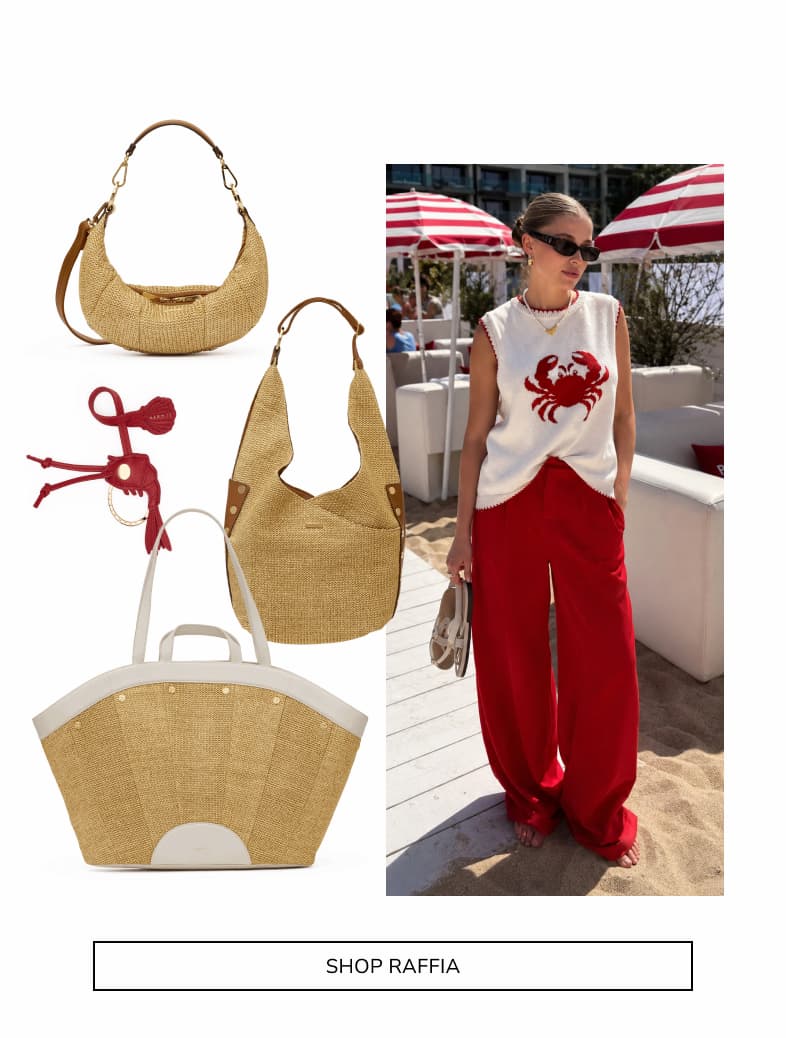 Shop Raffia. Model in beach outfit with thtree raffia bags shown. 