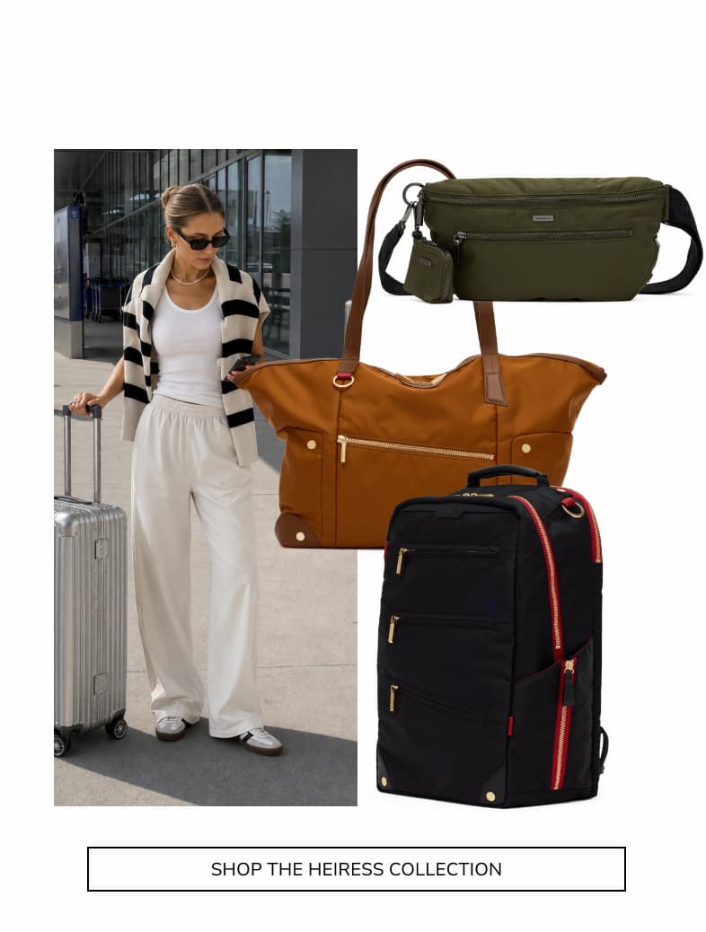 Shop the Heiress collection. Model at airport with three bags from the heiress collection.