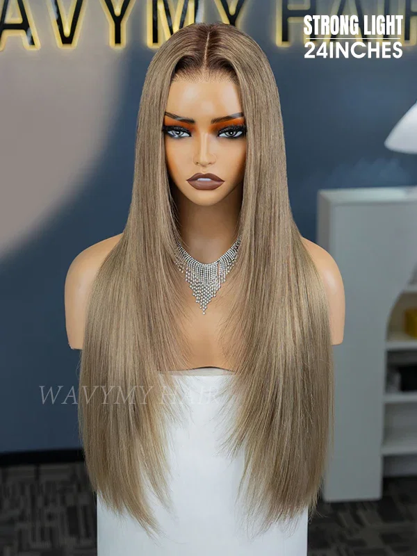 Wavymy Layered Cut Ombre Ash Blonde Hair with Brown Root Straight Hair 7x5 Lace Wear Go Glueless Wig 180% Density