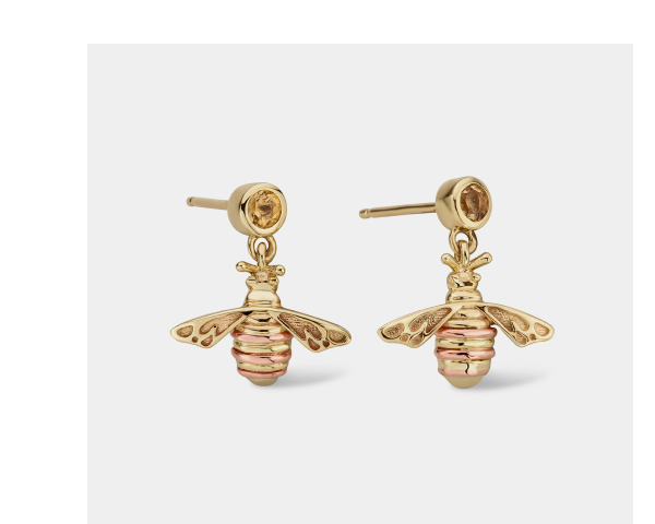 Nature's Wonder 9ct Solid Gold Honey Bee Drop Earrings with Citrine
