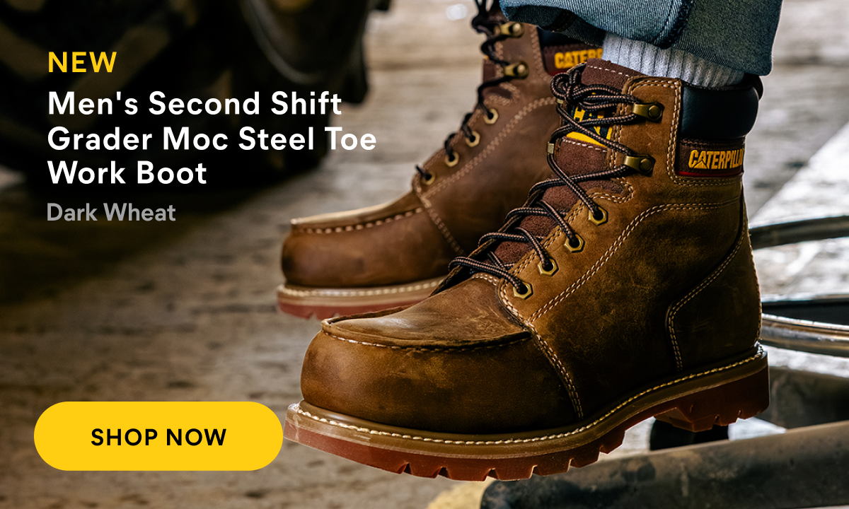 CAT - NEW Men's Second Shift Grader Moc Steel Toe Work Boot - Dark Wheat colorway.