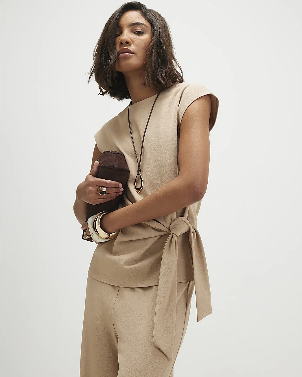 Womens Beige Short Sleeve Tie Side Top