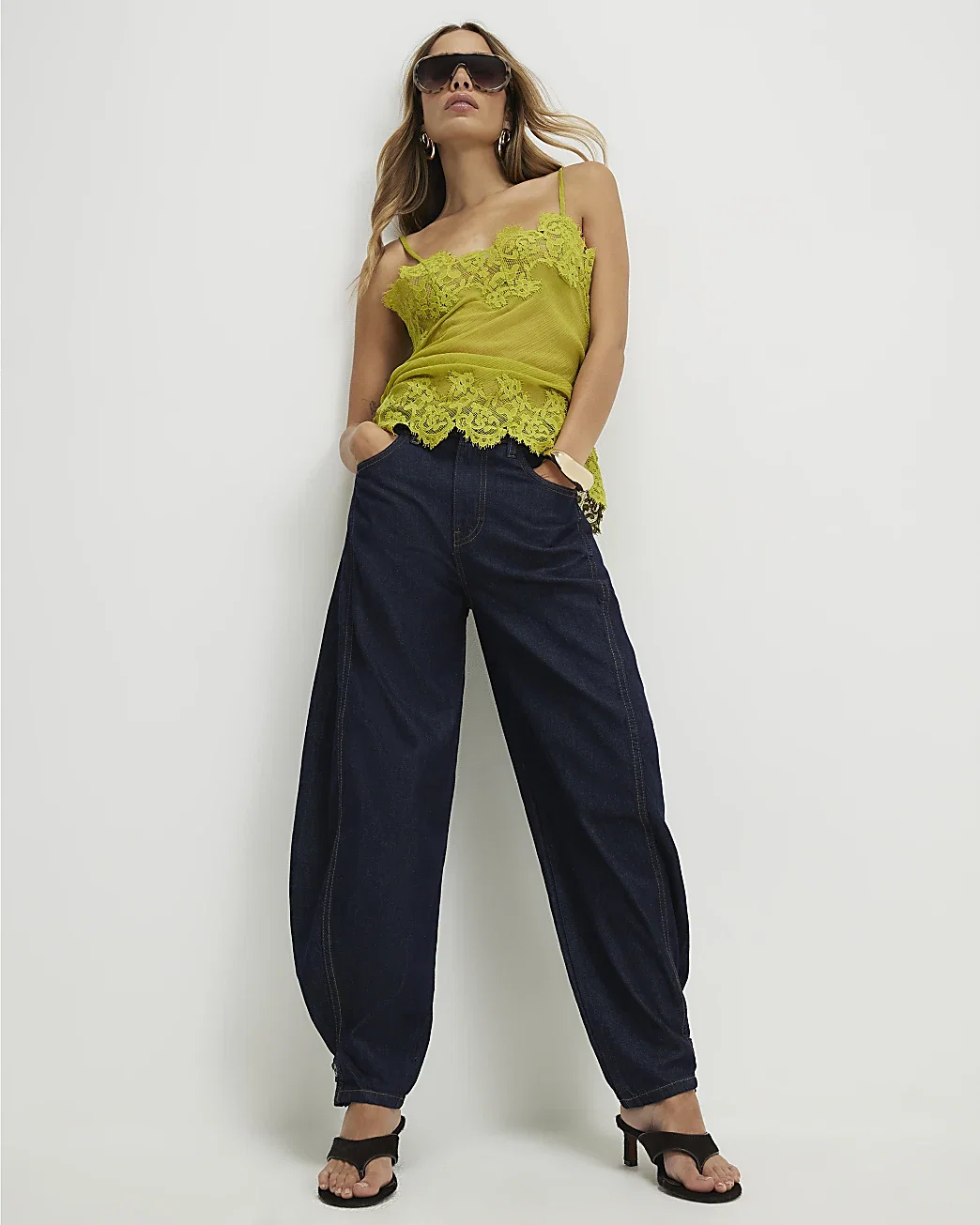 Womens Blue Tab Hem Detail Barrel Leg Jeans