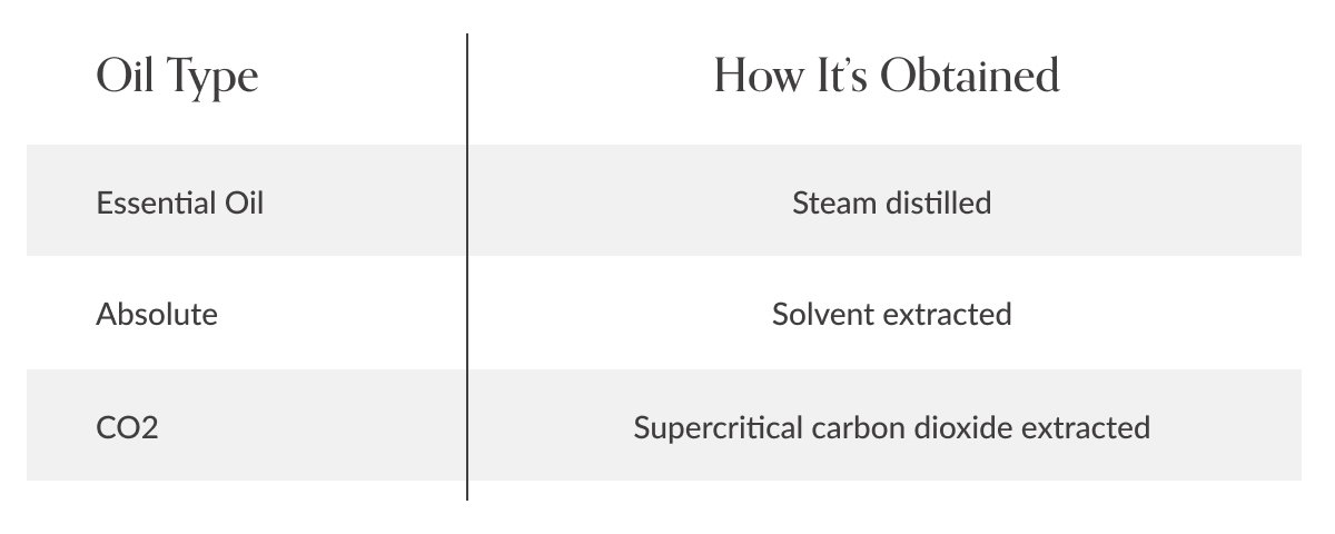 Oil Type | How It’s Obtained | Essential Oil | Steam distilled | Absolute | Solvent extracted | CO2 | Supercritical carbon dioxide extracted