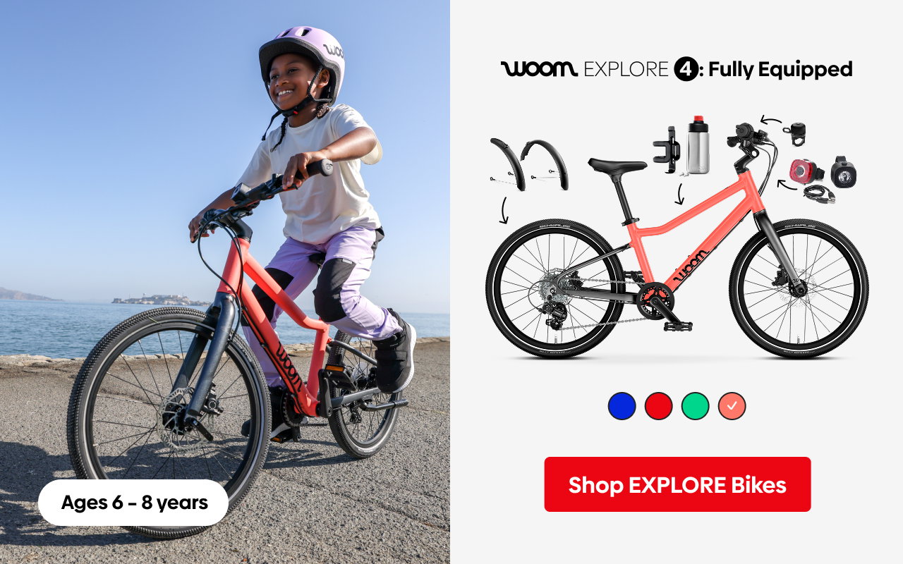 Diagram of a neon coral fully equipped woom EXPLORE 4 bike featuring a GLUG water bottle, SNAP click-on fenders, BING bell, and BEAM bike light