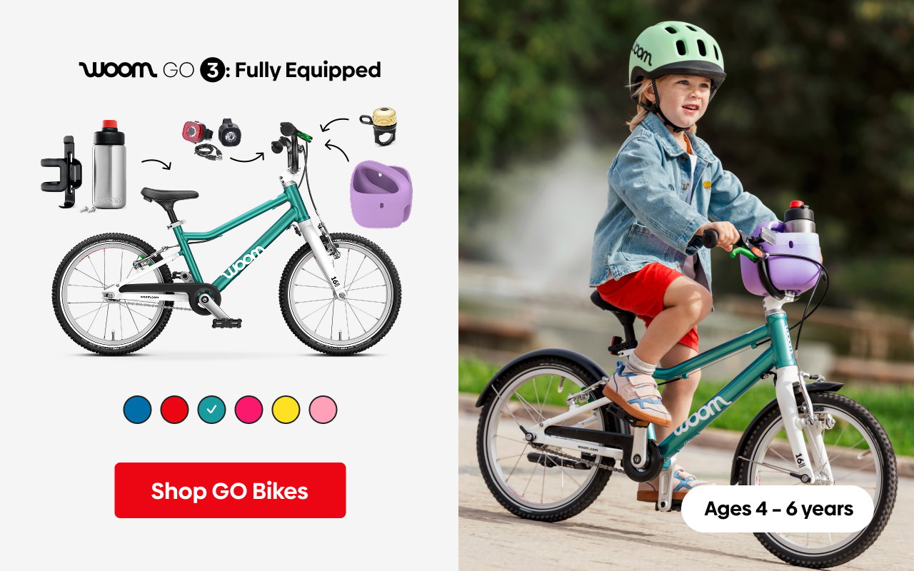 Diagram of a metallic turquoise fully equipped woom GO 3 bike featuring a POP Bike Basket, BEAM bike light, VIENNA bell, and GLUG water bottle