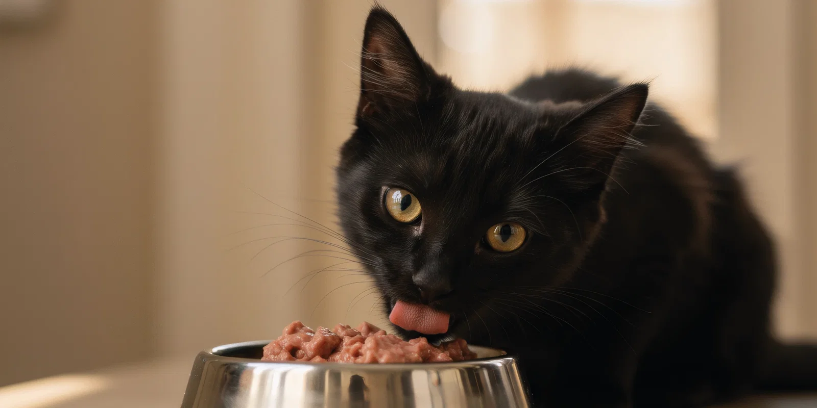 Black cat with yellow eyes licking wet cat food from a stainless-steel bowl, close-up indoor shot