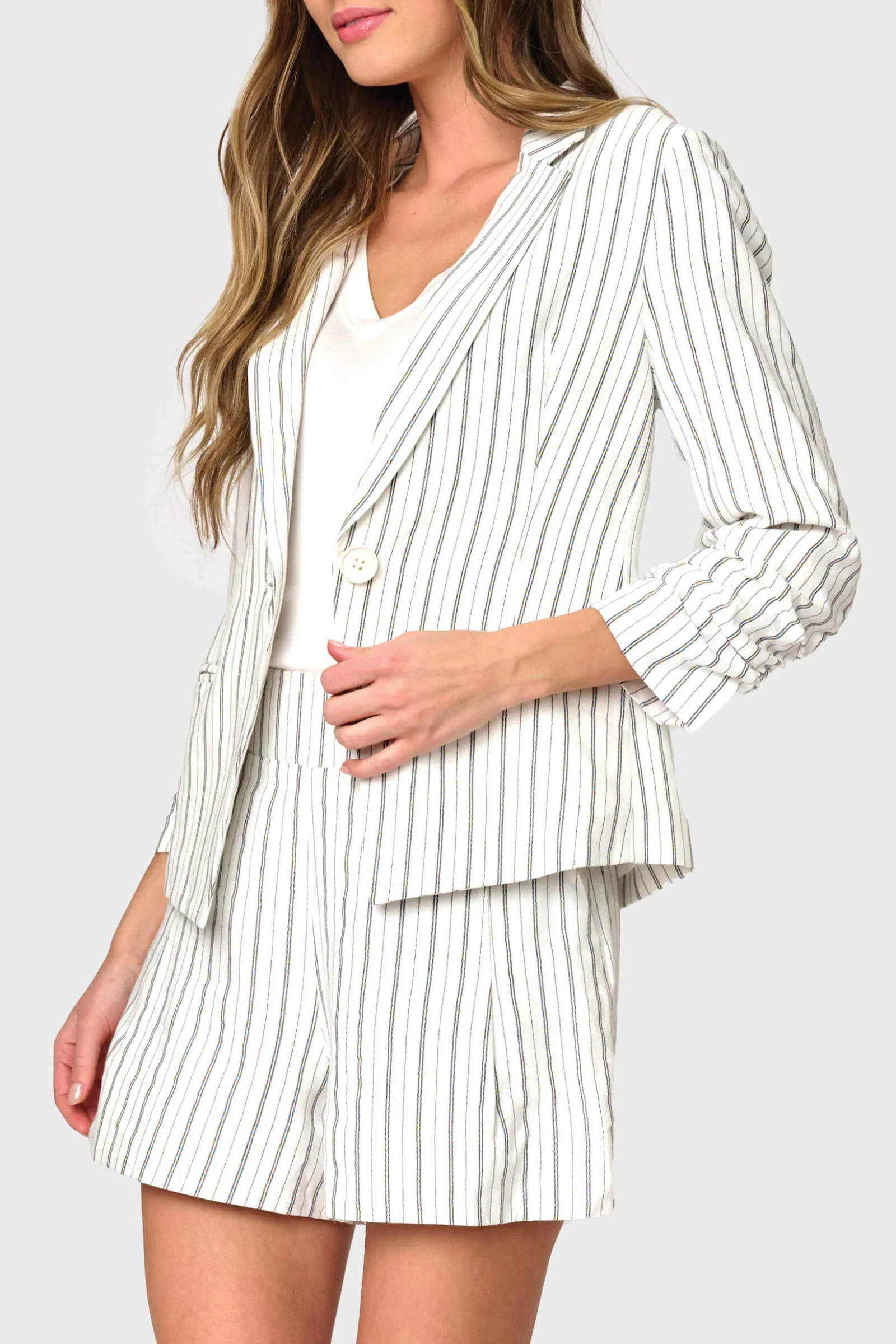 Notch Collar Pinstripe Linen Blazer