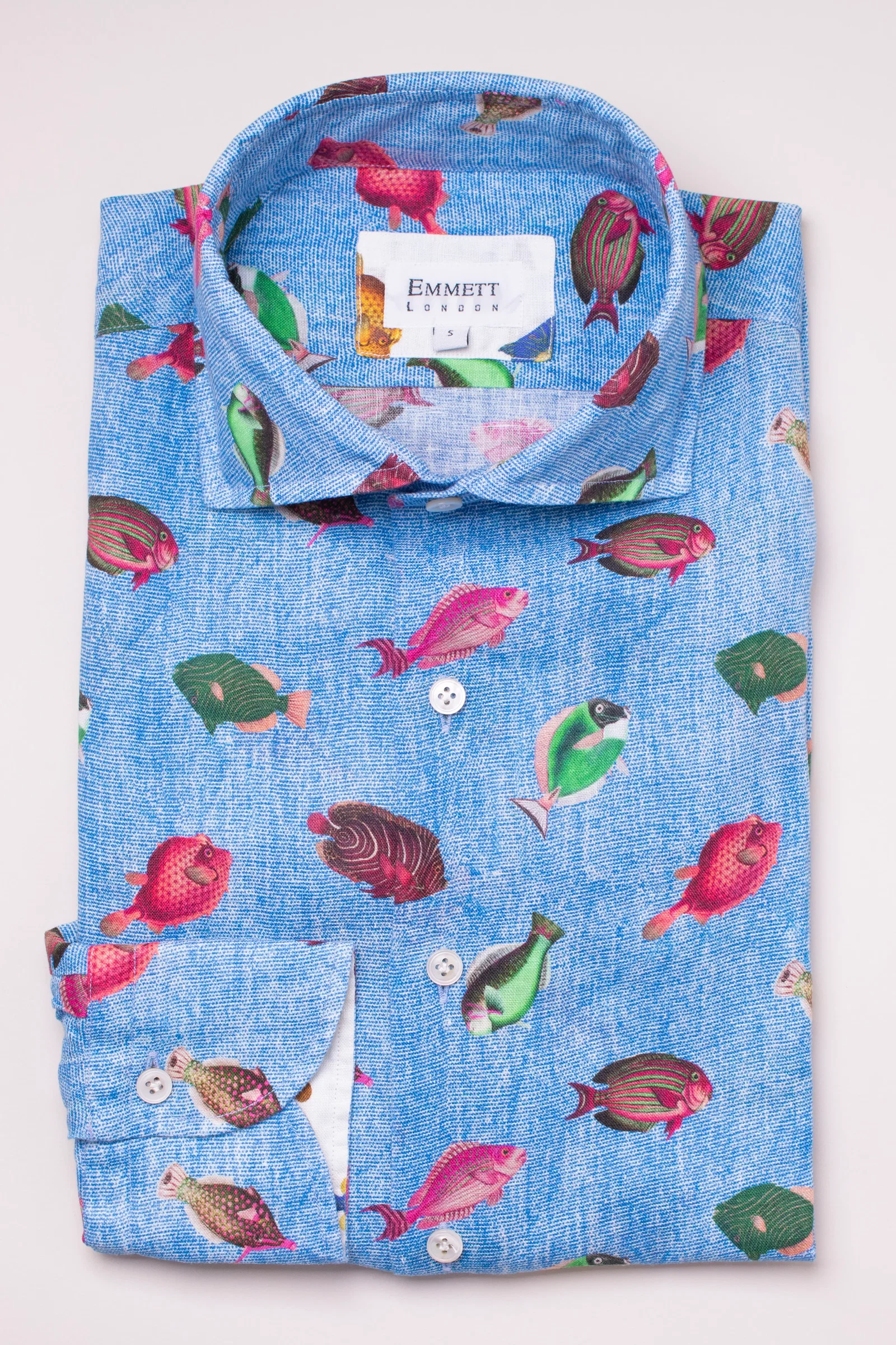 Image of Colourful Fish On Blue Linen Shirt