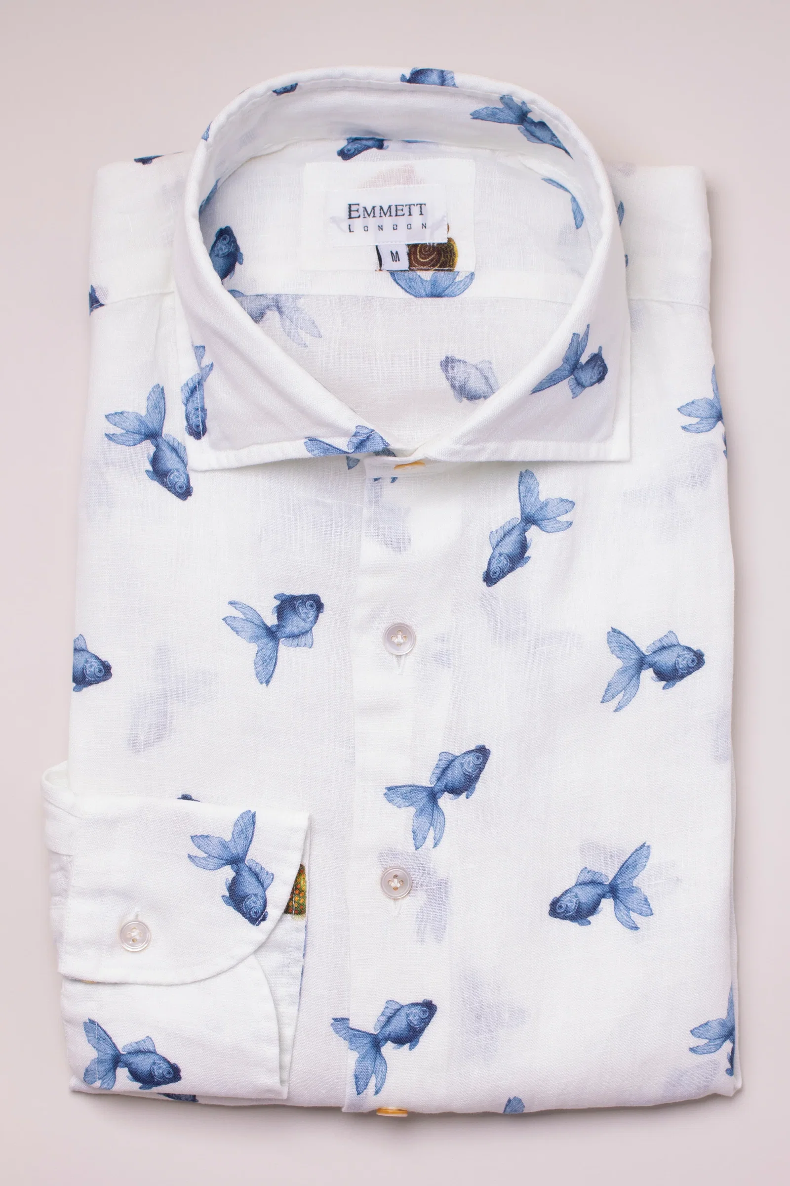 Image of Blue Fish On White Linen Shirt