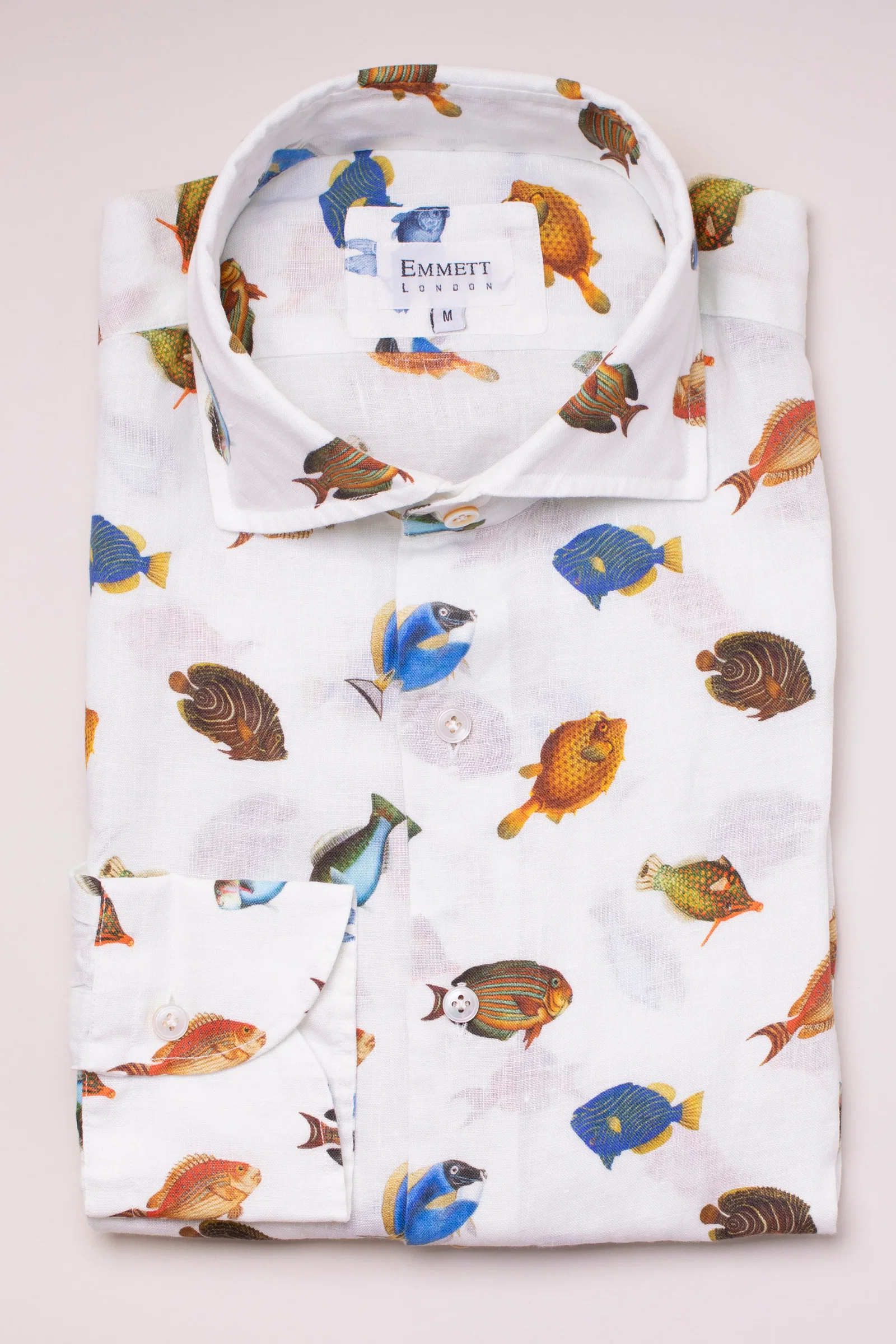 Image of Colourful Fish Print On White Linen Shirt