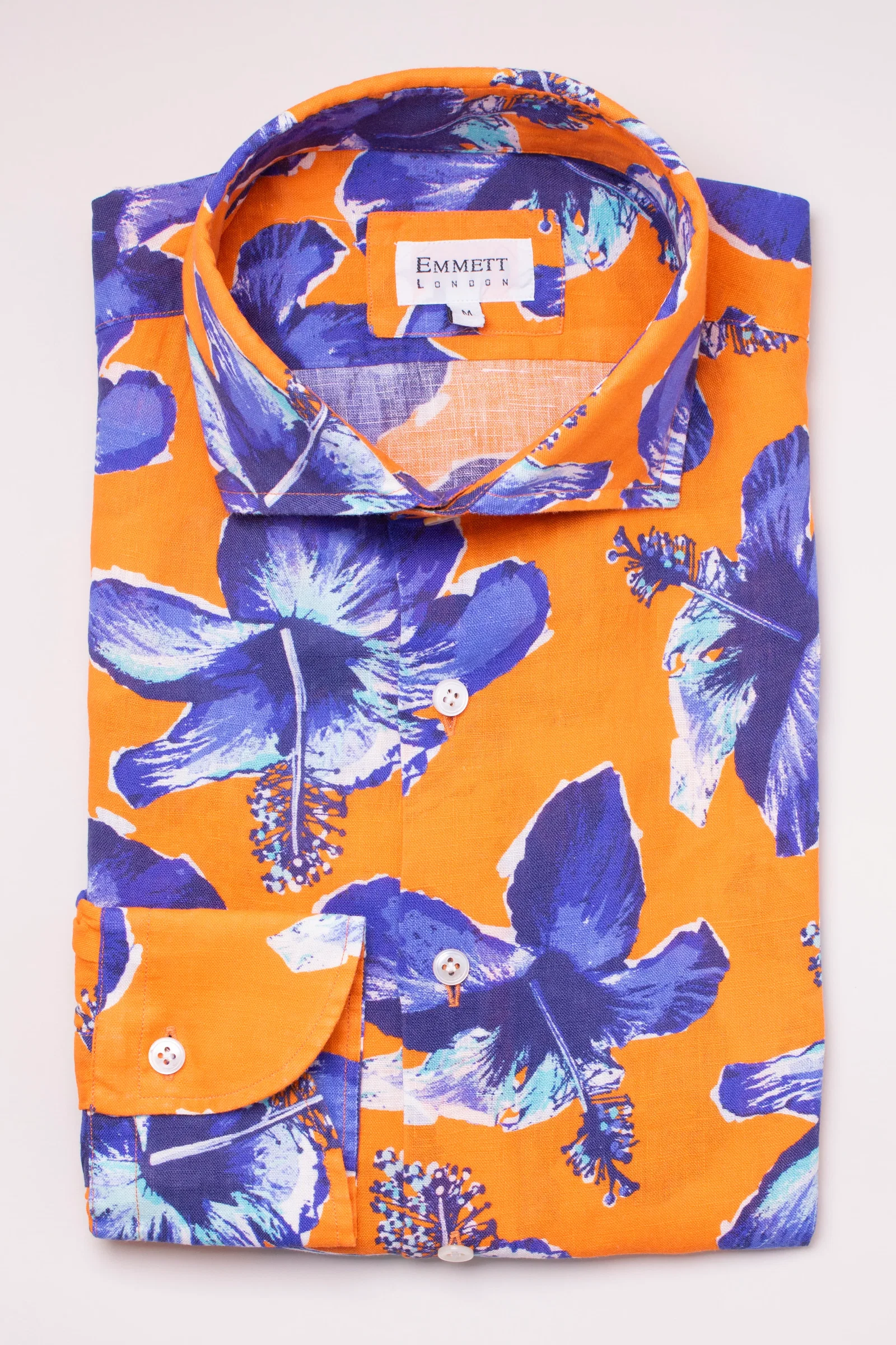 Image of Bright Orange And Blue Floral Linen Shirt