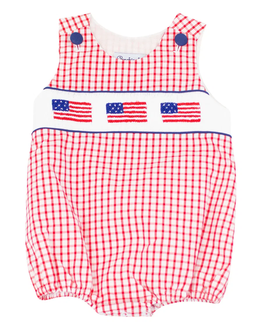 Image of Flags Smocked Red Windowpane Boy Bubble