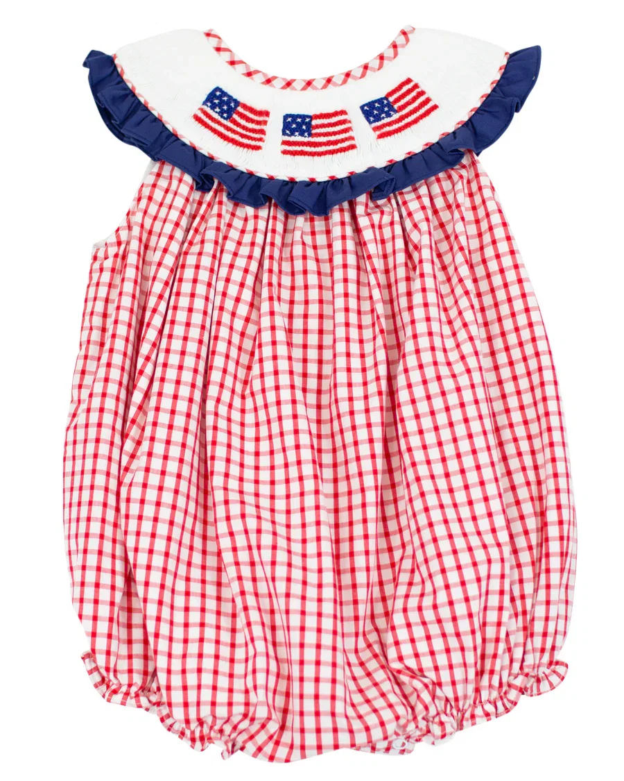 Image of Flags Smocked Red Windowpane Girl Bubble
