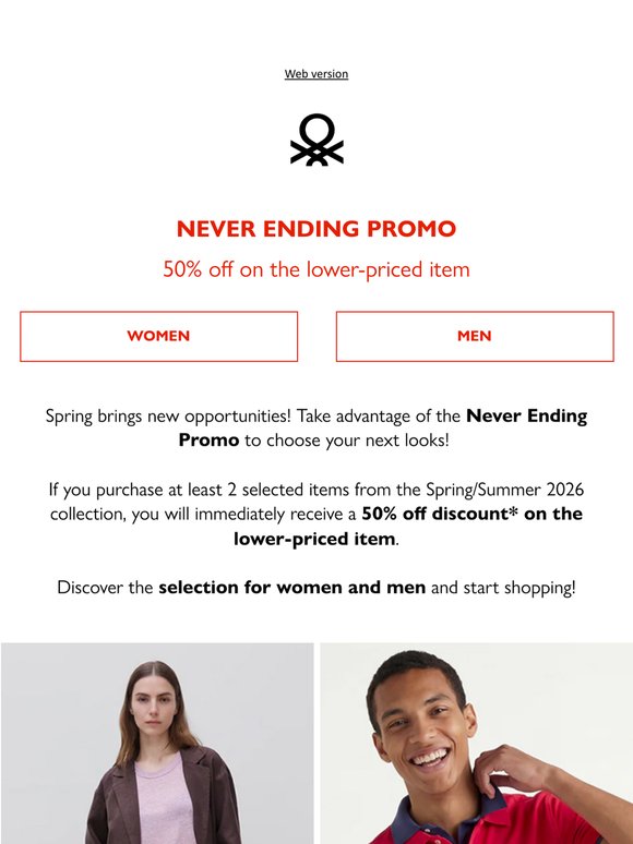 Never Ending Promo: 50% off on the lower-priced item