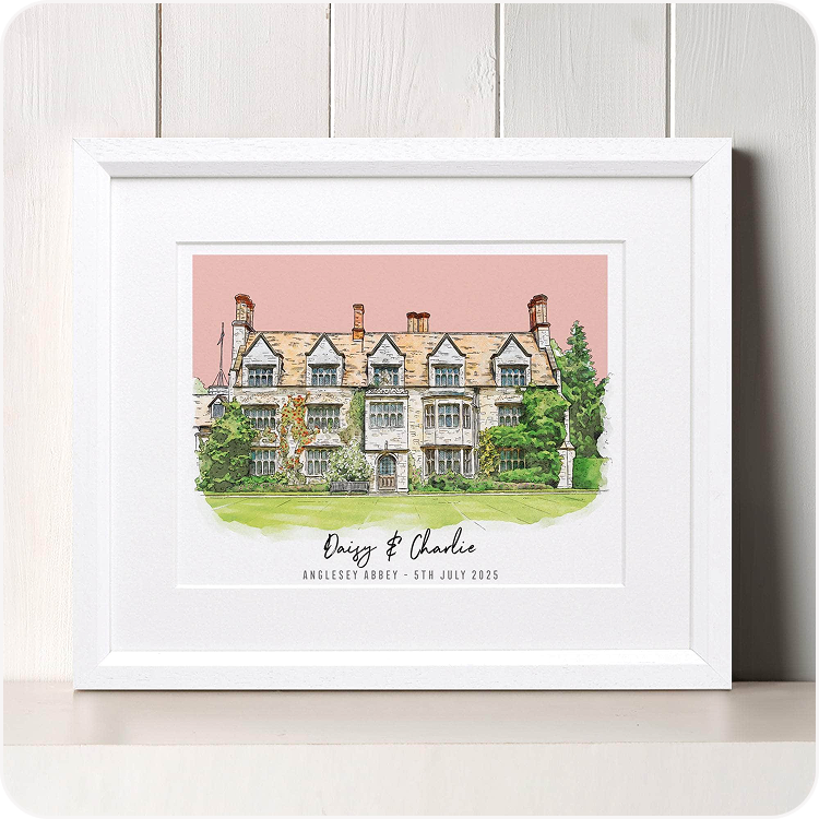 A framed colour block line portrait illustration of a wedding venue in a natural wood frame