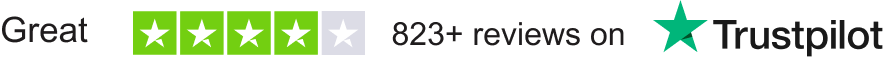 Trustpilot rating showing four out of five stars with text “Great – 823+ reviews on Trustpilot”