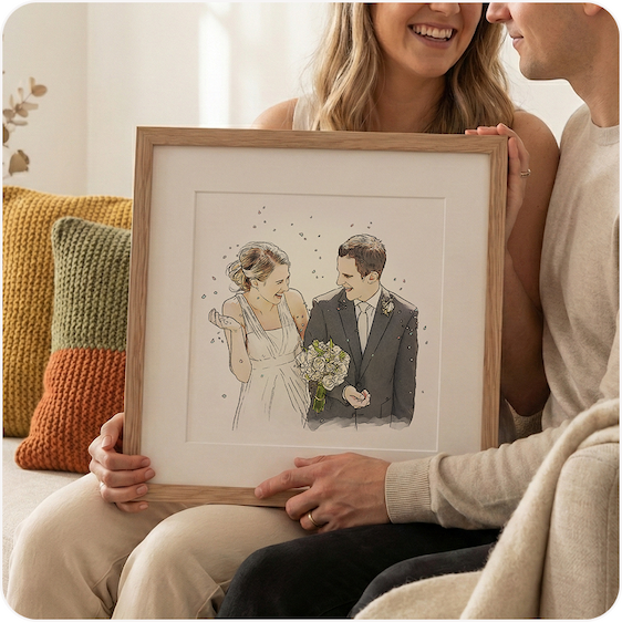 A framed line portrait illustration of a wedding couple, displayed in a natural wood frame