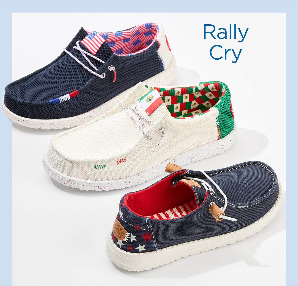 Rally Cry | Sneaker Lineup Display of World Cup Themed Heydude Sneakers