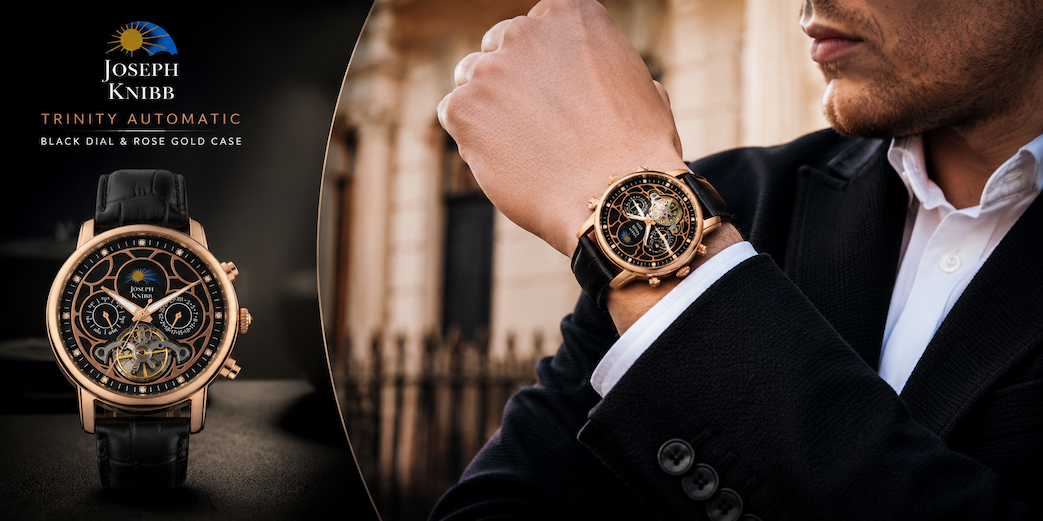 Joseph Knibb Trinity Automatic Black Dial & Rose Gold Case Mens Watch
