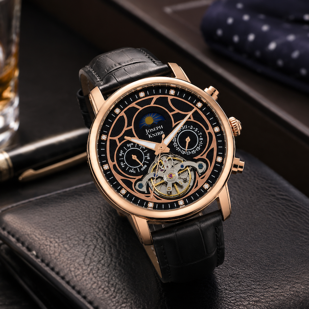 Joseph Knibb Trinity Automatic Black Dial & Rose Gold Case Mens Watch
