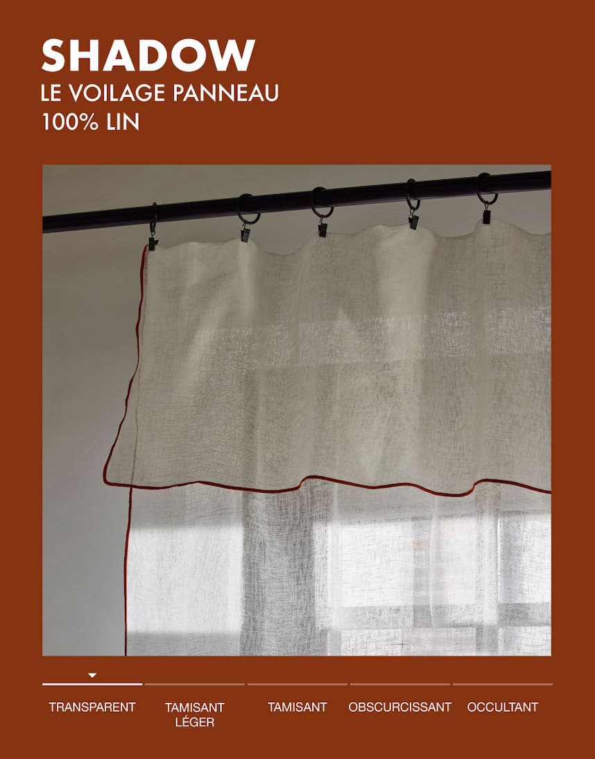 Voilage panneau Shadow blanc et bourdon orange brûlée