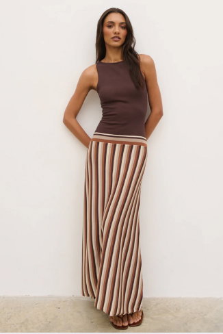 Phoebe Slash Neck Stripe Knit Maxi Dress - Brown