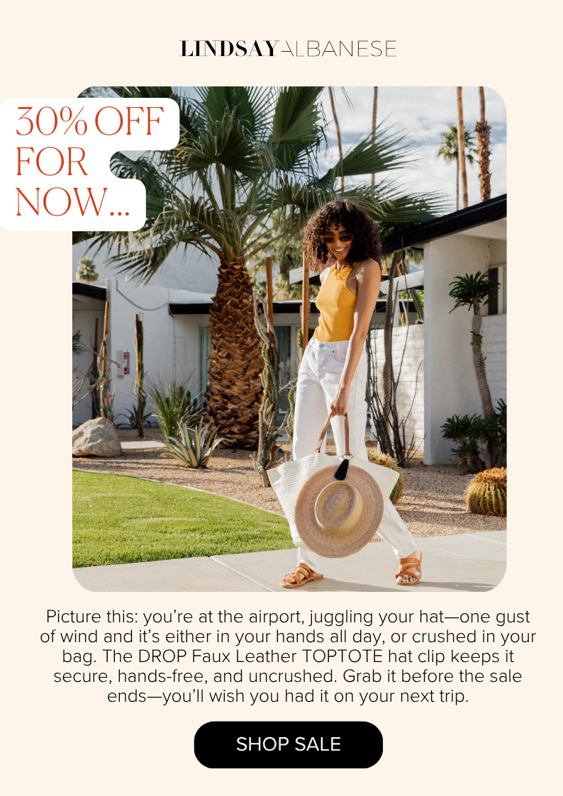 30% OFF FOR NOW... Picture this: you’re at the airport, juggling your hat—one gust of wind and it’s either in your hands all day, or crushed in your bag. The DROP Faux Leather TOPTOTE hat clip keeps it secure, hands-free, and uncrushed. Grab it before the sale ends—you’ll wish you had it on your next trip. SHOP SALE