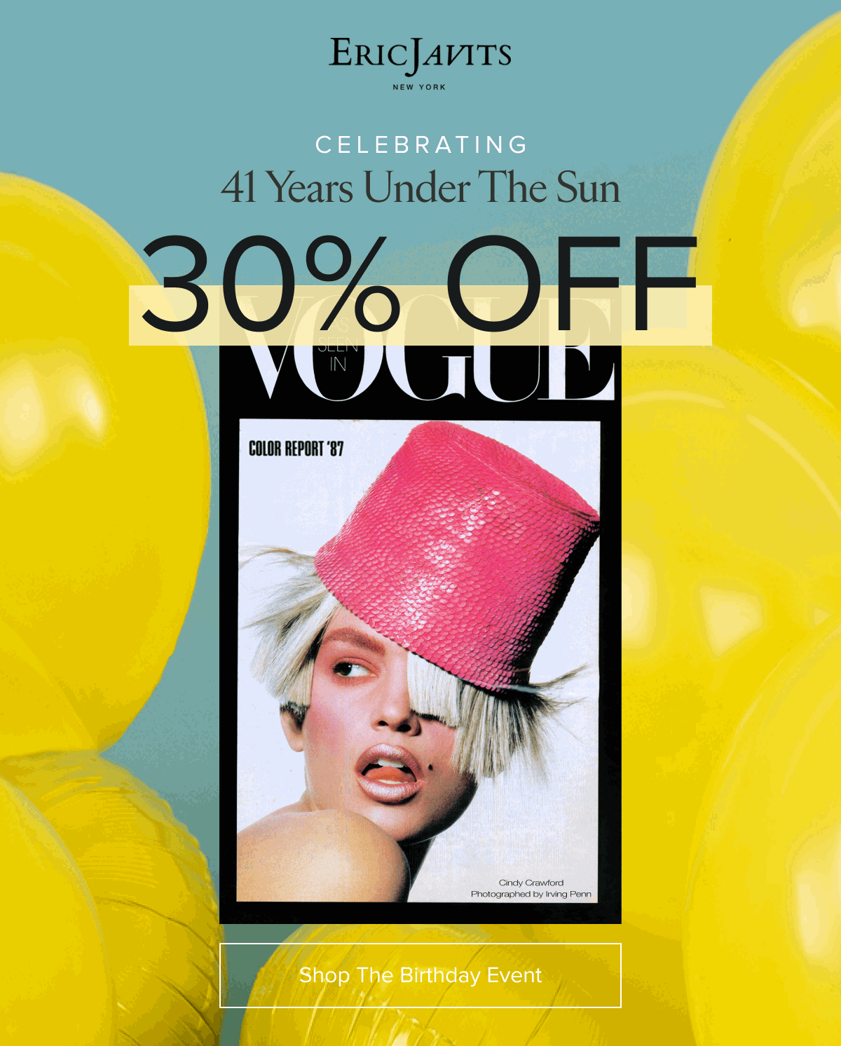 Celebrating 41 years under the sun with 30% off. Vogue cover featuring a model with a pink hat.